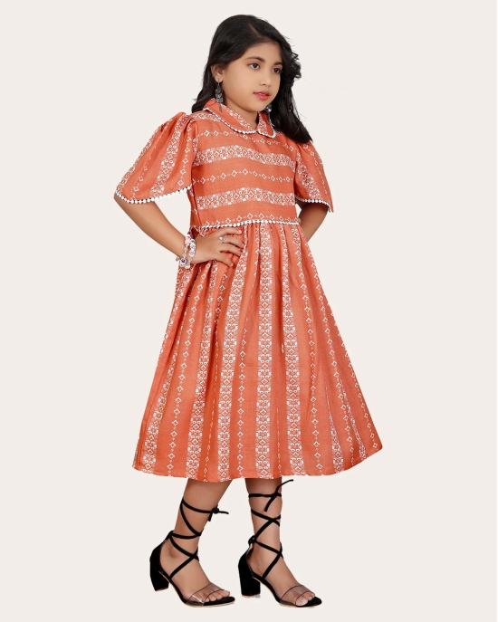 Girls Cotton Unique Design Printed Knee Length A-Line Dress-Orange / 10 - 11 Years