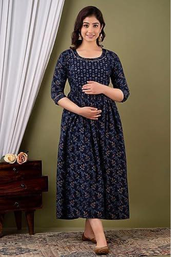 KASHVI Creation Women's Cotton Floral Printed  Maternity Feeding Kurta- (Navy  Blue )