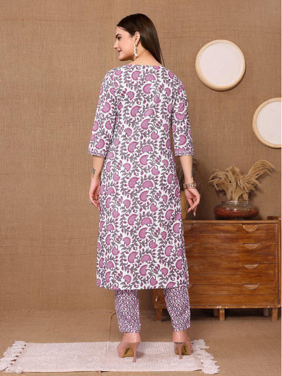 Rangita Women Cotton Pink Floral Printed Calf Length Straight Kurti With Pants - None