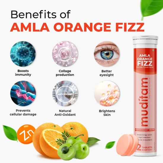 Muditam Ayurveda Amla Orange Fizz Tablet | Vitamin C Effervescent tablets for Skin, Hairs & Eyes | Amla Orange Extract 20 Effervescent Tablets | Immunity Booster - Antioxidant Builder