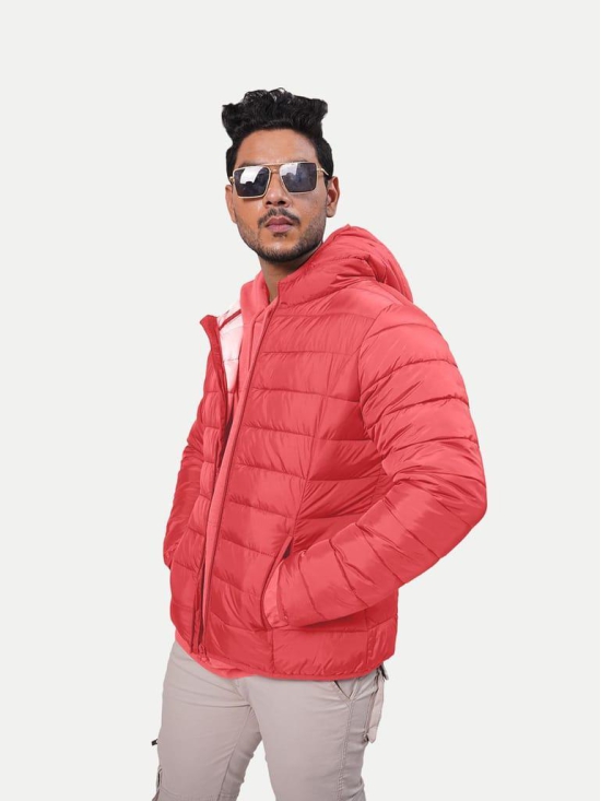 Men Classic Red puffed quilted Jacket with side pockets and hoodie