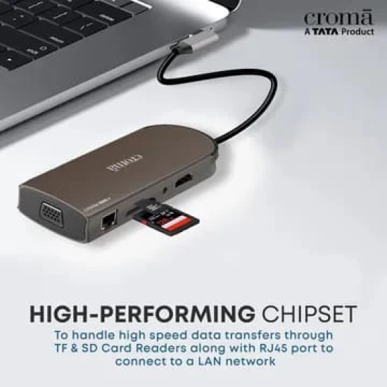 Croma 10-in-1 USB 3.0 Type C to USB 3.0 Type C, USB 3.0 Type A, SD Card Slot, TF Card Reader, RJ45, VGA Port, HDMI, 3.5mm Stereo Multi-Port Hub (Apple Compatible, Silver)