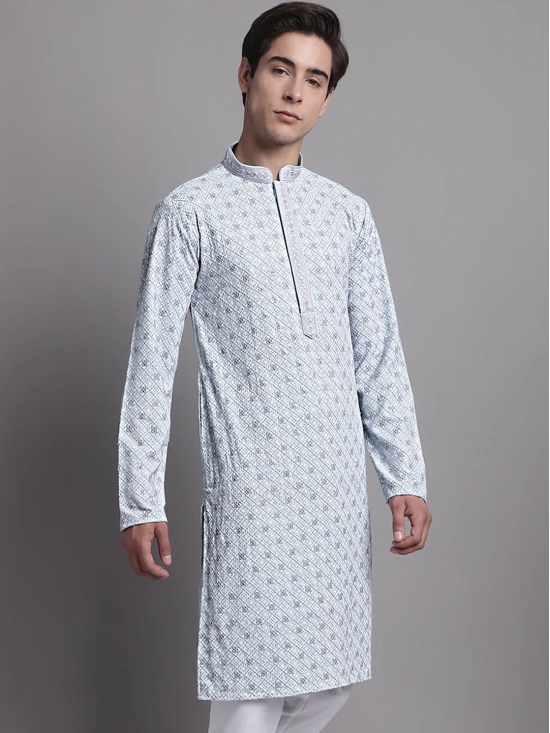 Men's Blue Chikankari Embroidered and Sequence Kurta-S / Blue