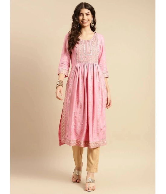 Rangita Women Rayon Pink Yoke Embroidered Calf Length Kurti Gathered At Waist - None