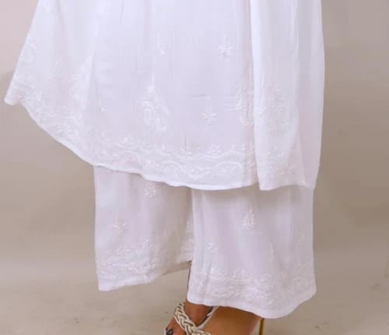 Pravia Lucknowi Chikankari Hand Embroidered White Long Gown Kurti Set with Hand Embroidered Palazzo for Girls & Women