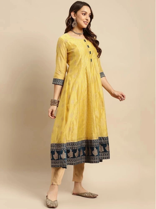 Rangita Women Chanderi Yellow Gold Printed Calf Length Kalidar Kurti With Contrast Border At Bottom Hem - None