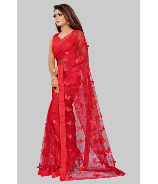 Gazal Fashions - Red Net Saree With Blouse Piece ( Pack of 1 ) - Red