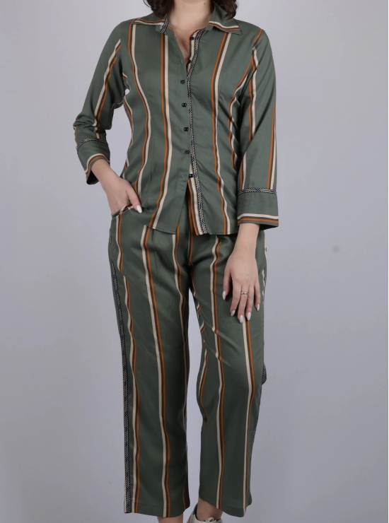 OWO THE LABEL Cord set for women stripe printed cords party wear and daily use shirt and bottom (OTL-CRD-1301)-Large / Green / Rayon Cotton