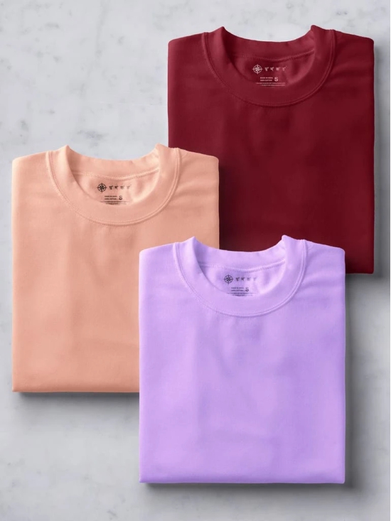 Lavender, Peach & Maroon Half Sleeve Round Neck Cotton Plain Regular Fit Pack of 3 combo T-Shirt for men by Ghumakkad