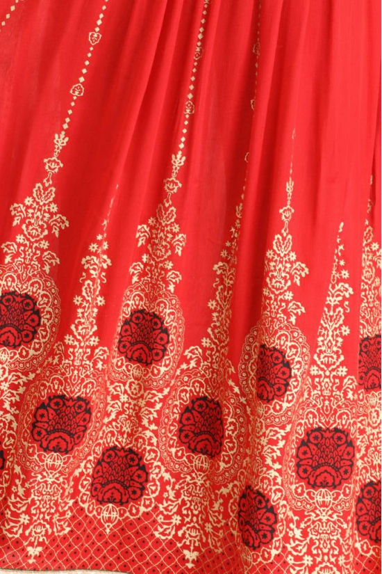 Lollipop-Red Embellished Long Skirt with Golden Print and Embroidered Patch Border