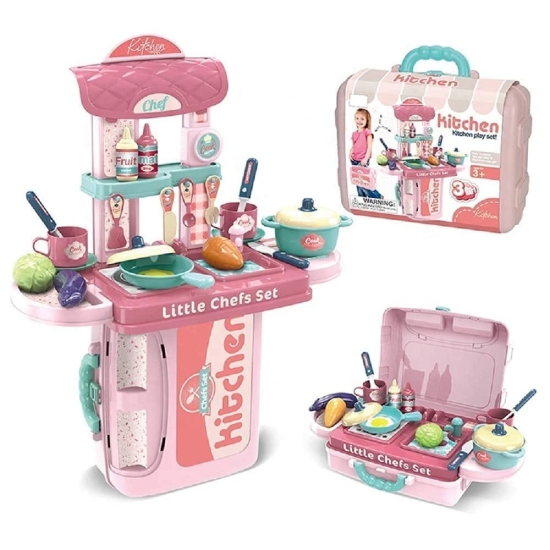 Kitchen Set for Girls Toy with Cooking Utensils 3 in 1 Portable Pretend Food Party Role Cooking Kitchen Play Set Toy for Boys and Girls