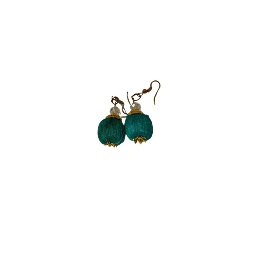 Green Silk Thread Ball Earrings with Golden Beads