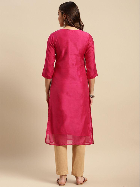 Rangita Women Chanderi Pink Sequin Yoke Embellished Calf Length Straight Kurti - None