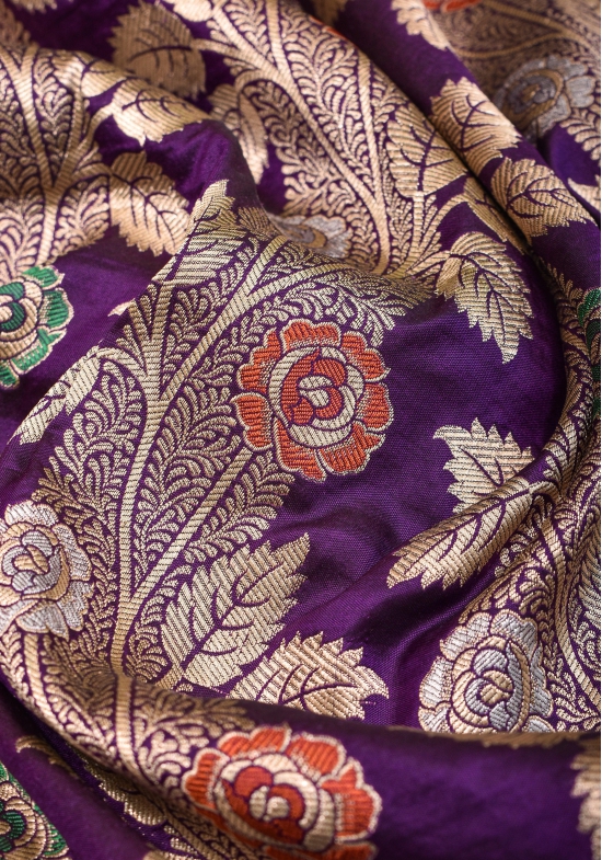 Meenakari Rose Creeper Jaal on Deep Purple Banarasi pure silk saree | SILK MARK CERTIFIED