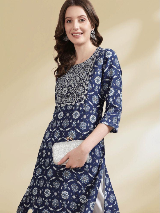 Rangita Women Rayon Blue Embroidered Calf Length A-line Kurti - None