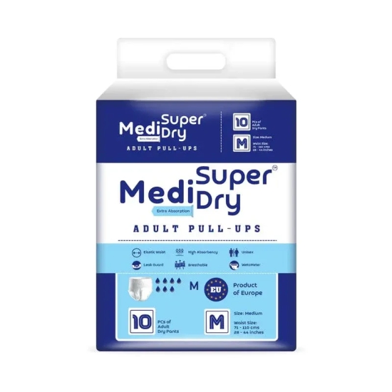 MediSuperDry Adult Diaper Pants Medium (M) Size, Adult Pull-Ups, High Absorbency, Leak Proof, Overnight Protection, Elastic Waist Size (71-110 Cm|28-44 Inches), 10 Pieces, Pack Of 1 - Unisex