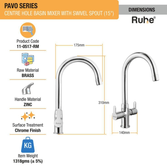 Pavo Centre Hole Basin Mixer Brass Faucet with Medium (15 inches) Round Swivel Spout - by Ruhe®