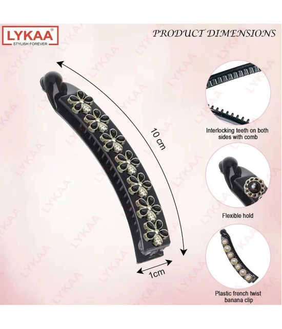 Lykaa Acrylic Plastic Banana Clip With Flowers, Korean Hair Claw For Women (Pack of 2) Black - Black