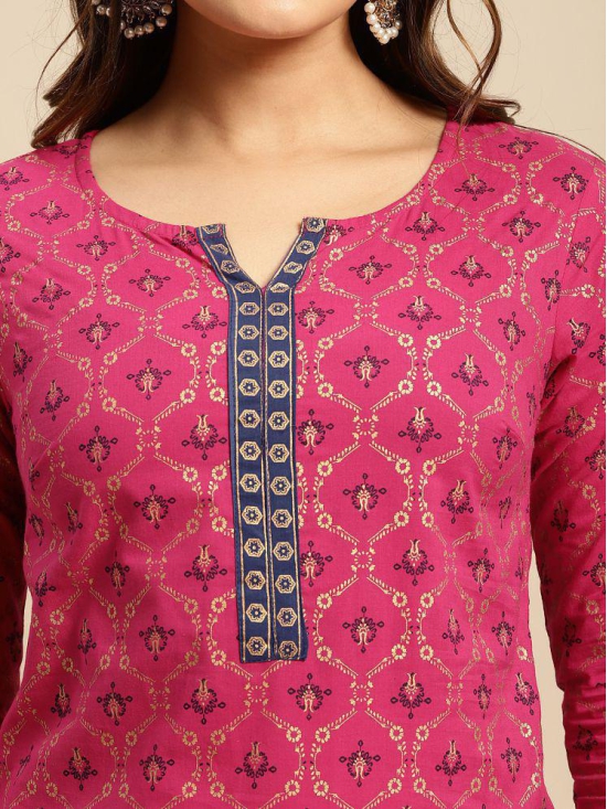 Rangita Women 100% Cotton Pink Contrast Placket Gold Printed Knee Length Straight Kurti - None