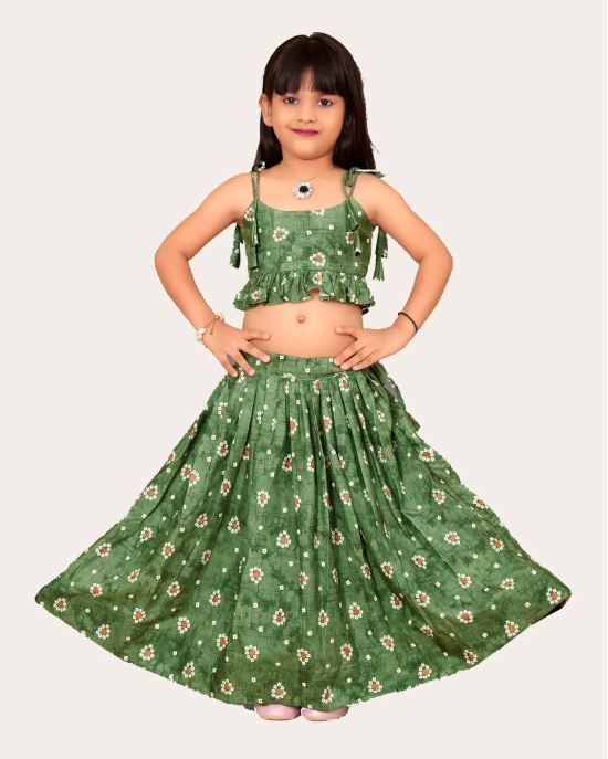 Kid Girls Readymade Bandhani Print Designer Blouse With Lehenga Set-Green / 5 Years-6 Years