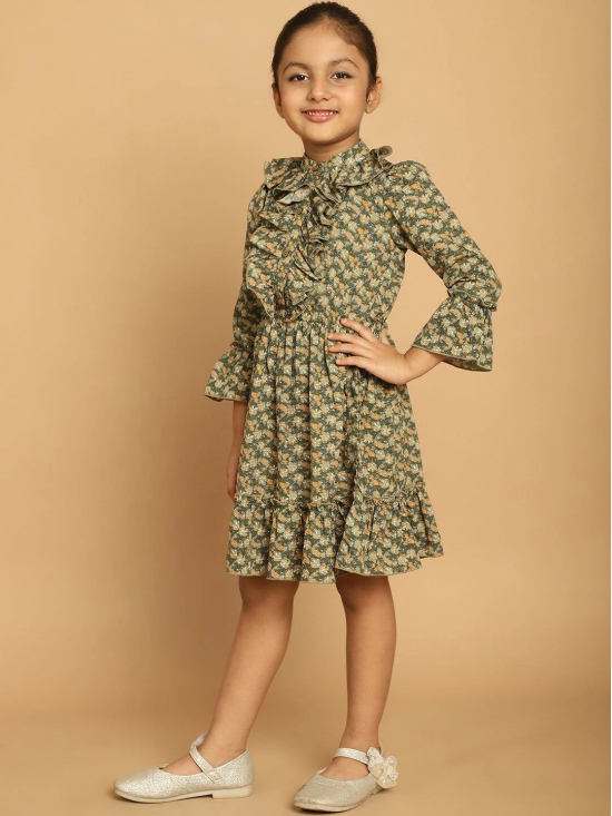 MINI & MING Girls Floral Printed Band Collar Bell Sleeve Ruffled Fit & Flare Dress