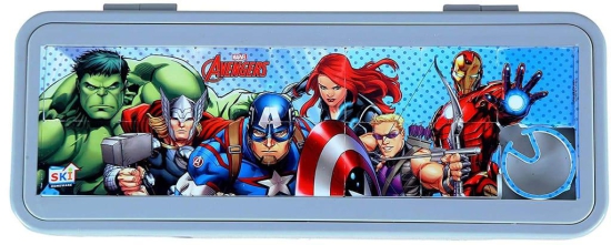 SKI Puzzle Game Password Protected Avengers Theme Double Layer Pencil Box Stationery Holder for Boys and Girls with Free Gift Pencil, Scale and Eraser Geometry Box