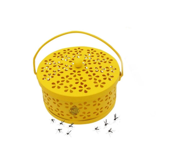 DSH Mosquito Coil Box with Handle Metal Hollow Out Mosquito Coil Holder Fireproof Incense Round Shape Coil Incense Burner (Yellow)