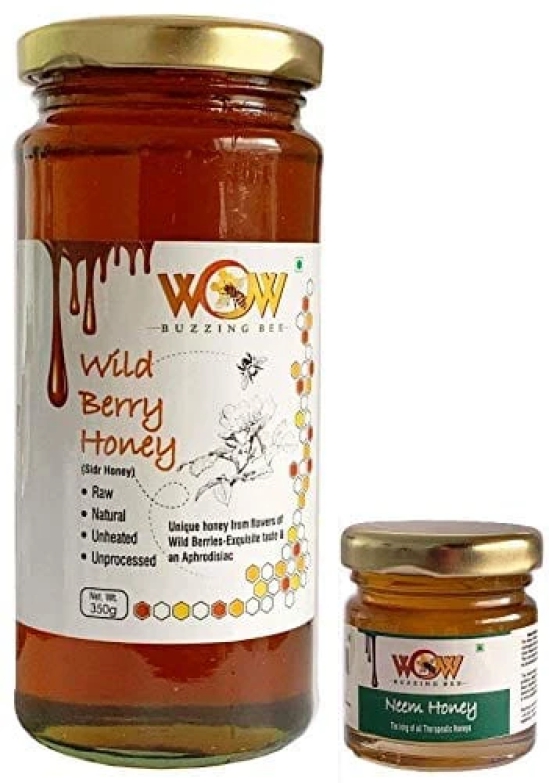 WOW BUZZING BEE Raw Honey - Wild Berry & Neem, Pack of 2 (1 - 350 GR and 1 - 55 GR)