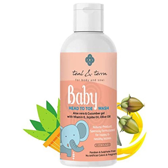 Teal & Terra Gentle Baby Head-To-Toe Wash (200ml) | Tear Free, Mild Cleansing for Soft & Sensitive Skin | Aloe Vera, Vitamin E, Jojoba & Olive Oil Blend | Moisturizes Hair, Scalp & Skin