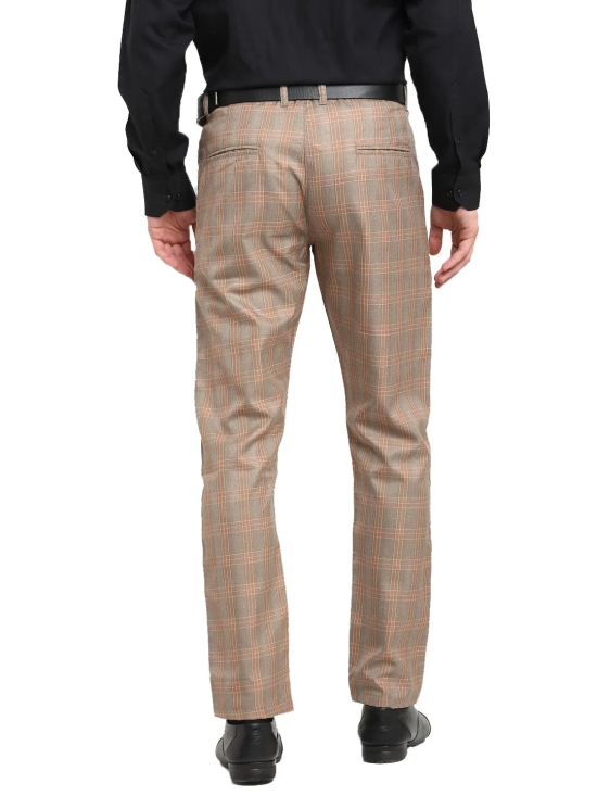 Indian Needle Men's Brown Cotton Checked Formal Trousers-30 / Brown