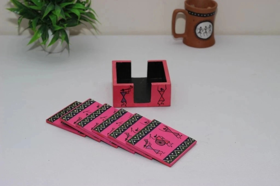 Tisser Wooden Warli handpainted Coaster Set-up 6/ 4x4