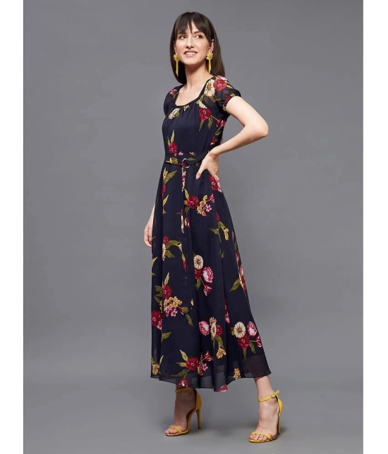 Miss Chase Georgette Printed Midi Womens Fit & Flare Dress - Navy ( Pack of 1 ) - None