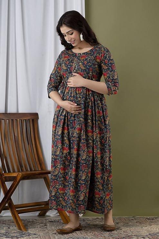 KASHVI Creation Women's Cotton Floral Printed Anarkali Maternity Feeding Kurti-Navy Blue