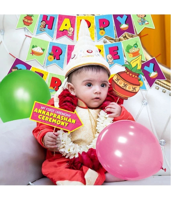 Zyozi 1 Set Happy Rice Ceremony Banner With 16 Pcs Annaprasanam Photo Booth Props and 40 pcs Balloon/Annaprashan Decoration Items/Baby Photoshoot Props for Rice Ceremon - Multicolor