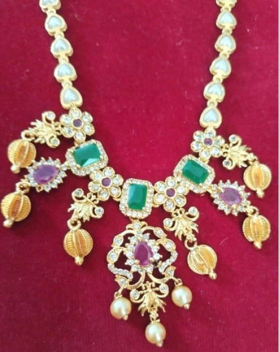 Traditional Indian Gold Plated Haram Necklace with Pearls and Green Stones