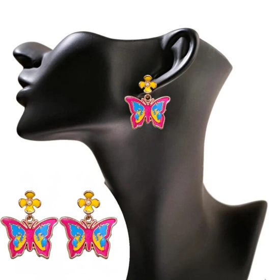 Dark Pink Butterfly Earrings with Flower Studs