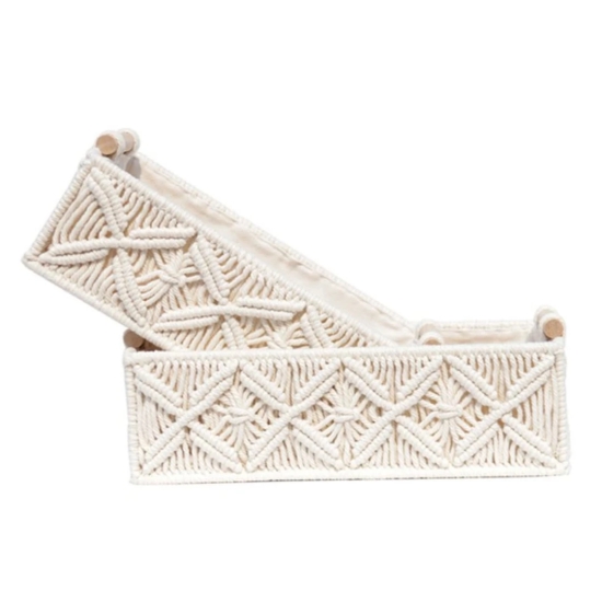 Macrame Basket with wooden Handles Set of 3-White