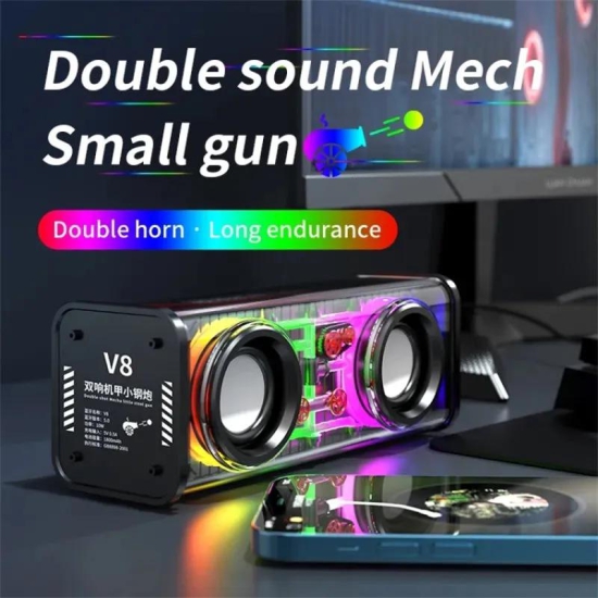 V8 Transparent Mecha Music Speaker Bluetooth 5.0 Wireless Subwoofer with RGB Light-White