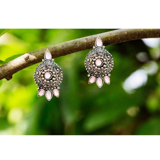 Oxidized German Silver Antique Look Afghani Chandbali Earrings With Light Pink Stones