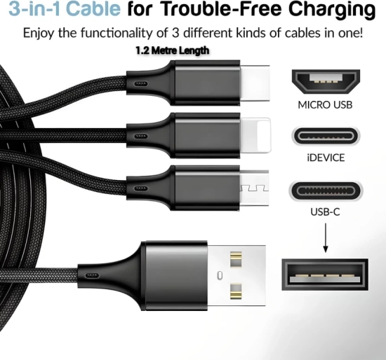 LA' FORTE 3 in 1 Premium Nylon Braided and Superior 1.2 M (Compatible with Micro USB, Type C, and Iphone  White, One Pcs)