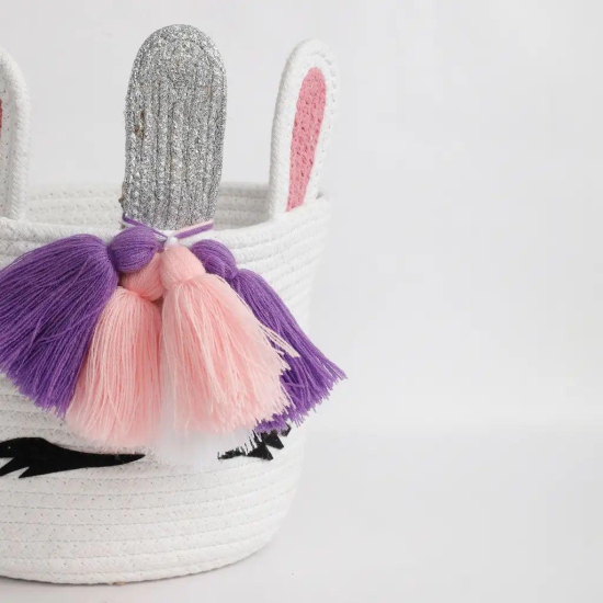 Unicorn face kids basket ears, horn, white, pink, 8x8