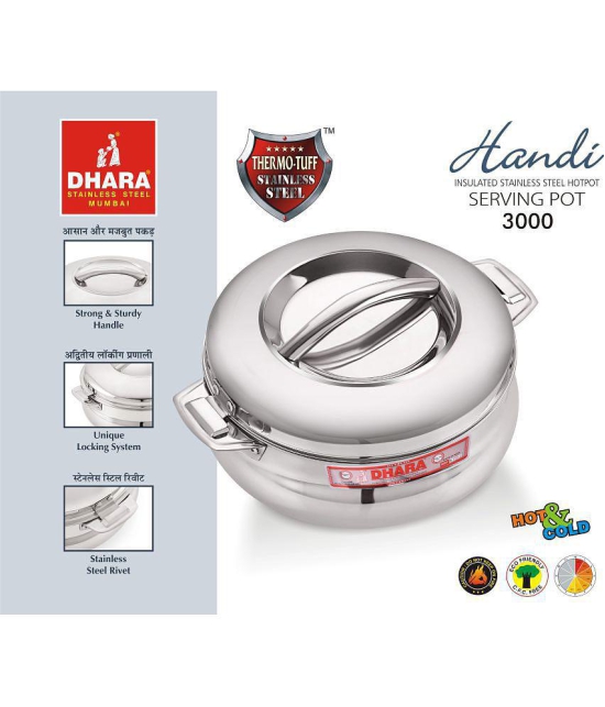 Dhara Stainless Steel Handi 3000 Silver Steel Serve Casserole ( Set of 1 , 2200 mL ) - Silver