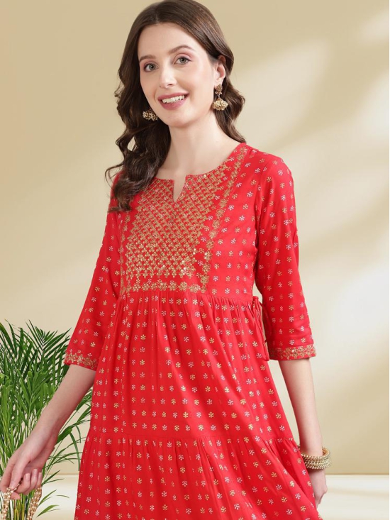 Rangita Women Rayon Red Embroidered Ankle Length Tiered Flared Kurti - None