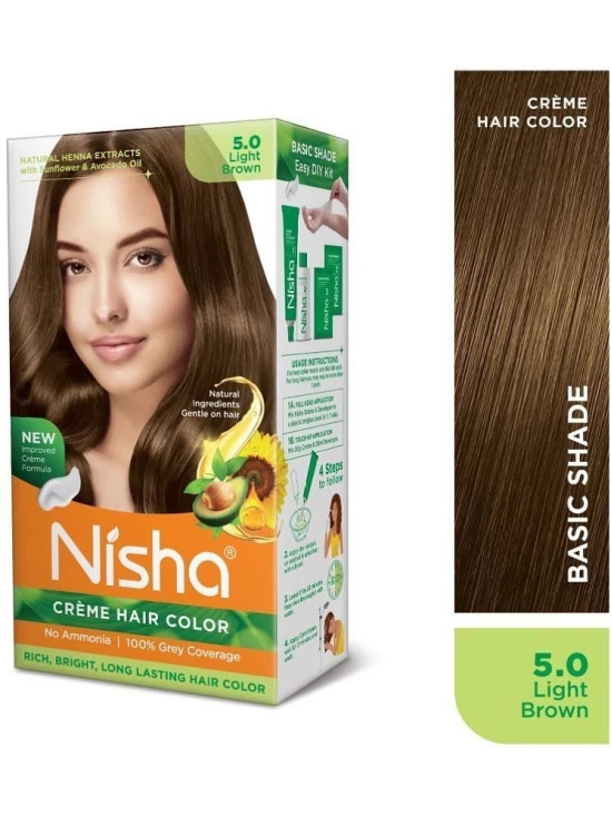 Nisha Creme Hair Color 5.0 Light Brown 120g, Permanent Hair Color for Women Men, Ammonia Free Hair Colour