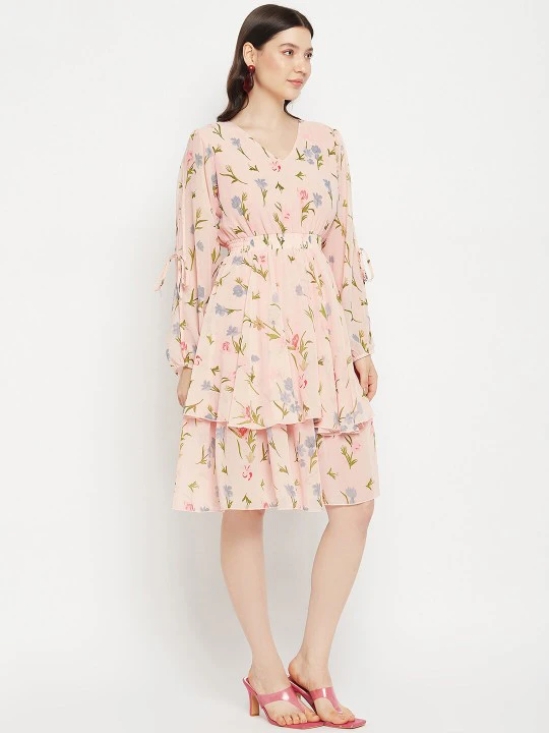 V Neck Floral Print Slit Sleeve Layered Georgette Fit & Flare Dress