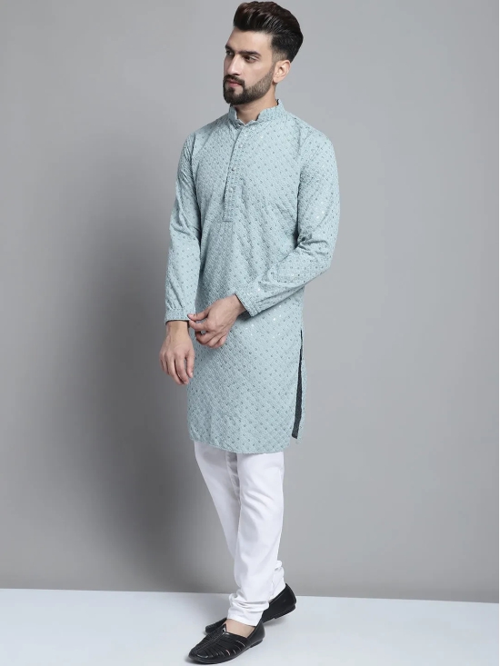 Men Blue Chikankari Embroidered and Sequence Kurta with Churidar-XXL / Blue