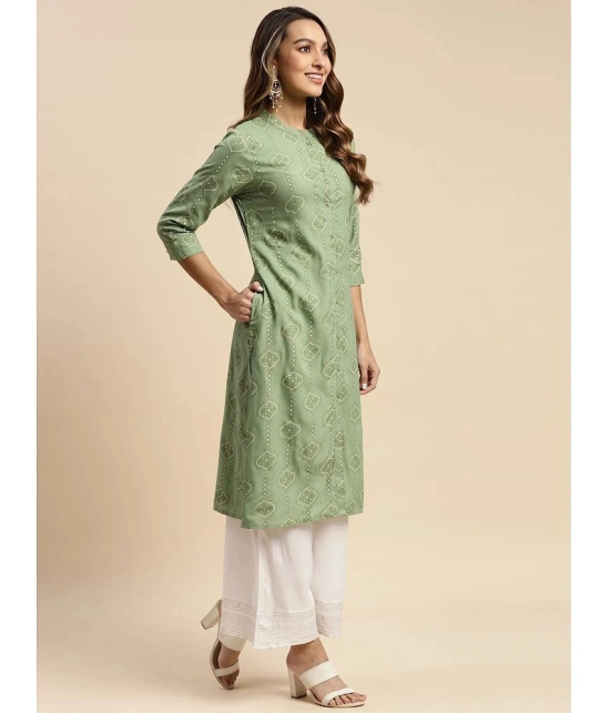 Rangita Women Rayon Mint Green Gold Printed Calf Length A-Line Kurti - None