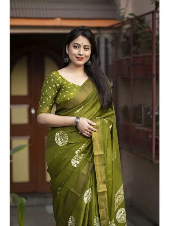 Bhuwal Fashion Cotton Printed Saree With Blouse Piece - Green ( Pack of 1 ) - Green