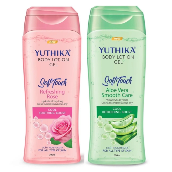 Yuthika Body Lotion Gel 300ml Combo Pack, Refreshing Rose and Aloe Vera Body Lotion for Summer, Winter, Non-Oily Gel Body Lotion