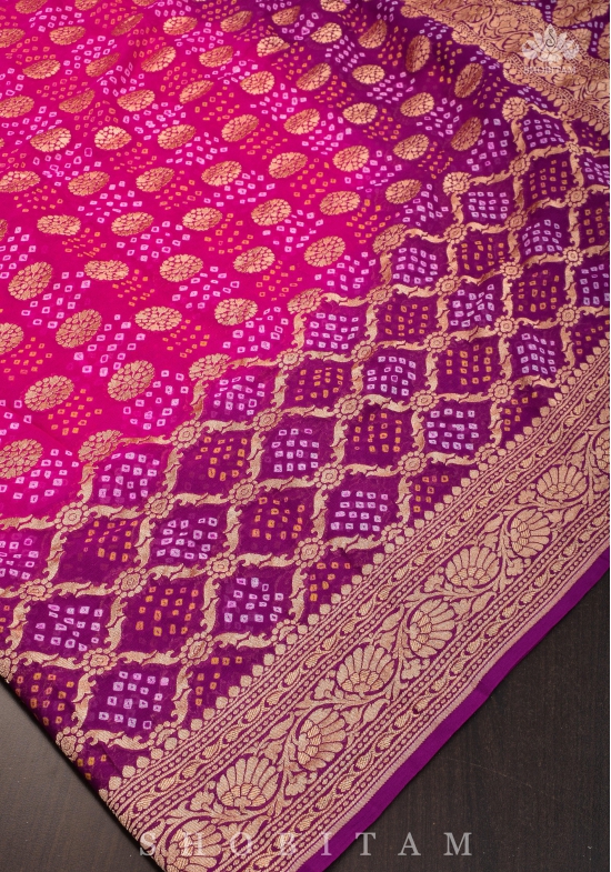 Ombre Purple-Pink Shades - Authentic Hand Bandhej Banarasi Silk Georgette Saree | SILK MARK CERTIFIED